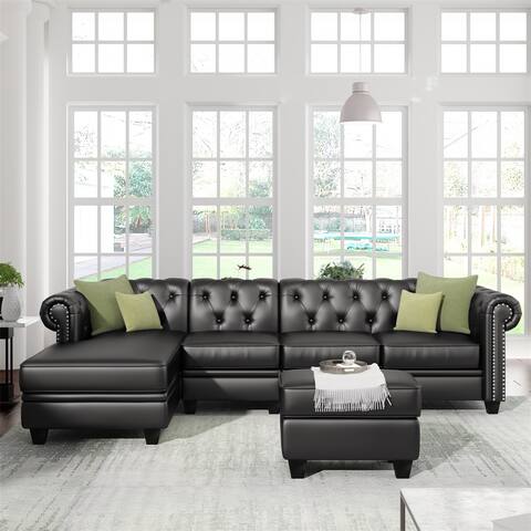 Celandine PU Leather Upholstered Nailheaded L-Shape Sectional Sofa with Storage Ottoman