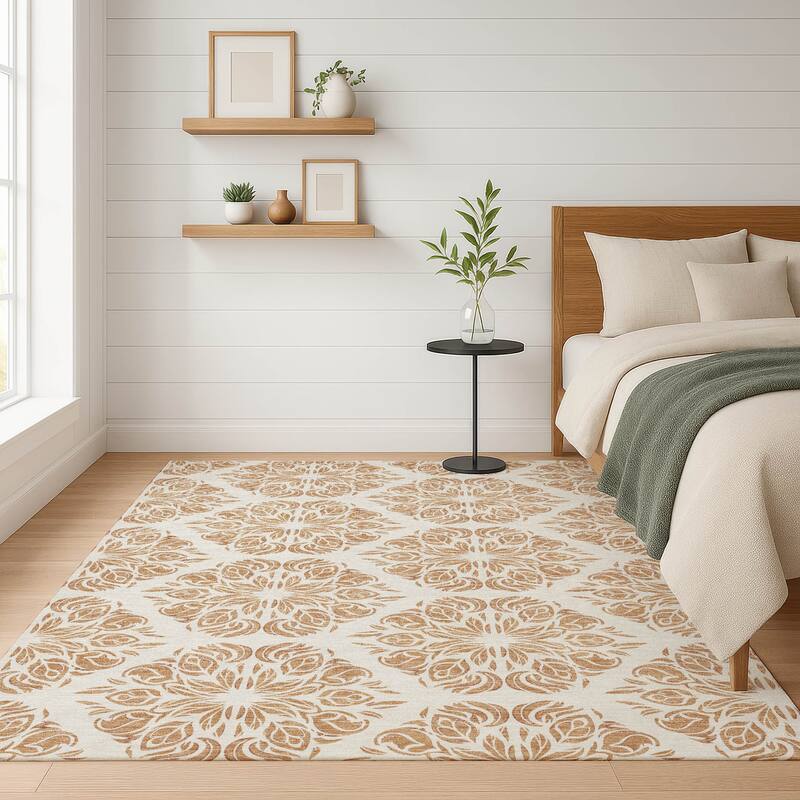 Machine Washable Indoor/ Outdoor Damask Pearl Chantille Rug