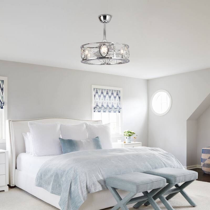 22" Modern Chrome Crystal Fandelier Caged Ceiling Fan with Light - 22 Inches