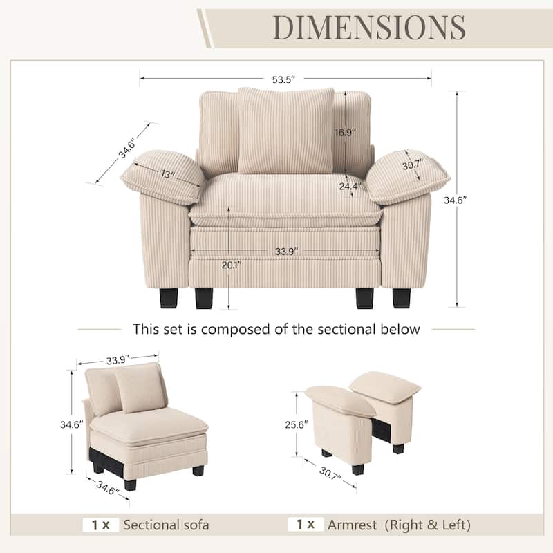 MAISON ARTS Cloud Modular Deep Seat Sofa, Chenille or Corduroy Sectional Couch with Removable Arms, 1–4 Seater