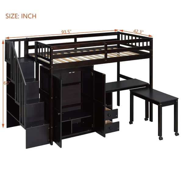 Multifunctional Loft Bed with Stairs,Bookshelf,Drawers,Desk & Wardrobe,Twin Size for Bedroom