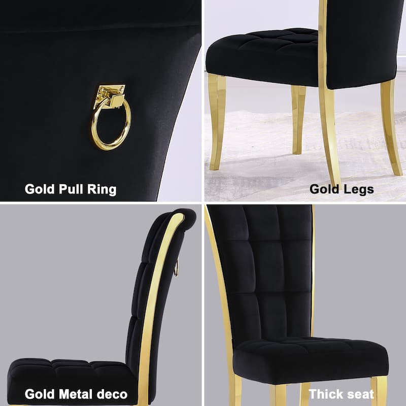 Black Velvet Upholstered Dining Chairs with Gold Legs Set of 2