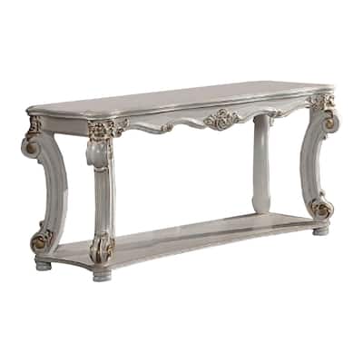 Jess 58 Inch Sofa Console Table, Classic Scrolled Legs, Brushed Gold, Shelf