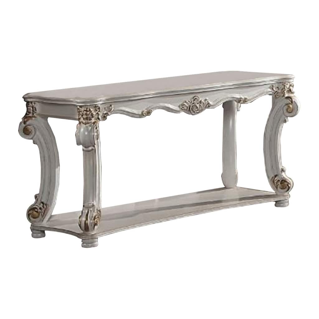 Jess 58 Inch Sofa Console Table, Classic Scrolled Legs, Brushed Gold, Shelf