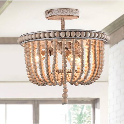 Vintage 3-Light Beige Bohemia Style Wood Bead Semi Flush Mount Ceiling Lamp