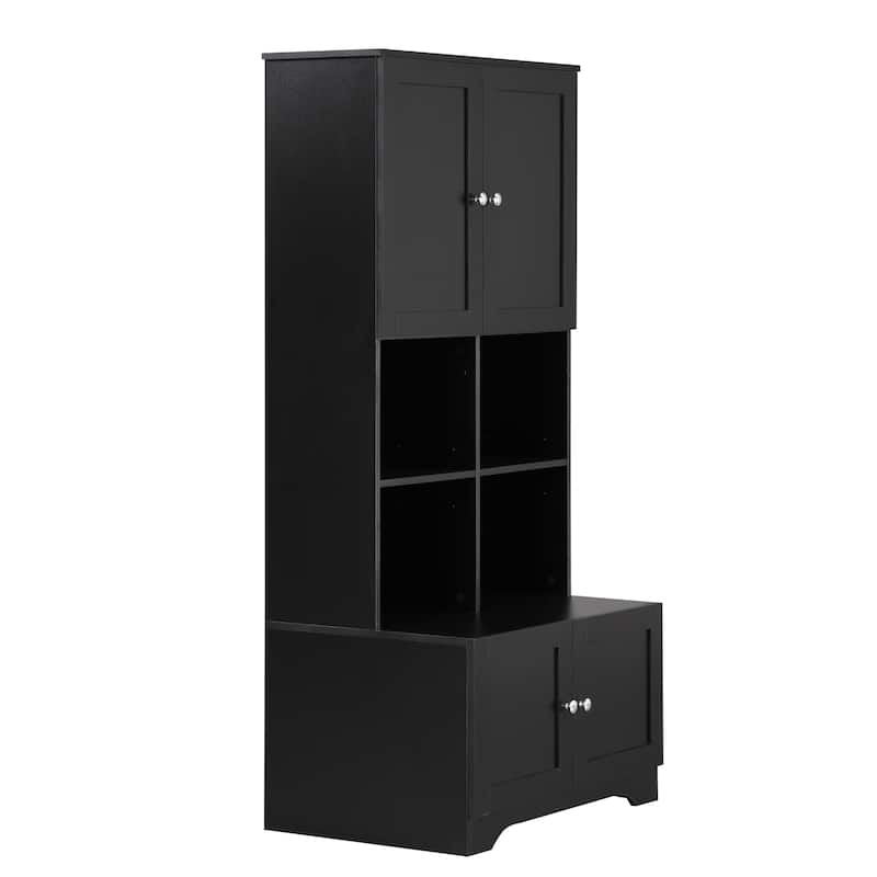 Large Bathroom Floor Standing Storage Cabinet with Open Level Shelves Bathroom Storage Units, 4 Doors Freestanding Cabinet