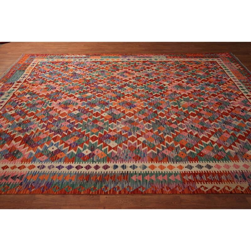 Reversible Kilim Area Rug Hand-Woven Geometric Orange Wool Carpet - 8'6" x 11'1"