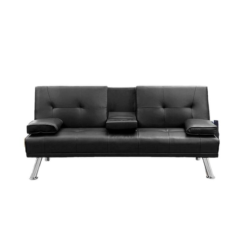 Futon Sofa Bed, Modern Faux Leather Convertible Folding Lounge Sofa for Living Room with 2 Cup Holders Removable Soft Armrests