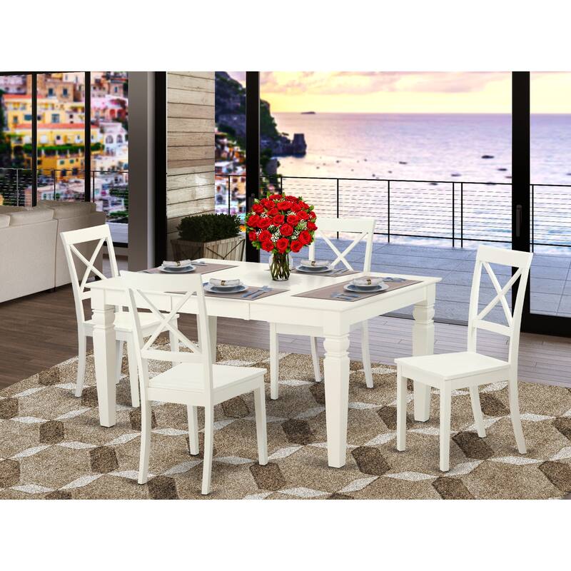 East West Furniture 5 Piece Dinette set Rectangle Dining Room Table with Butterfly Leaf and 4 Dining Chairs, Linen White - WEBO5-LWH-W
