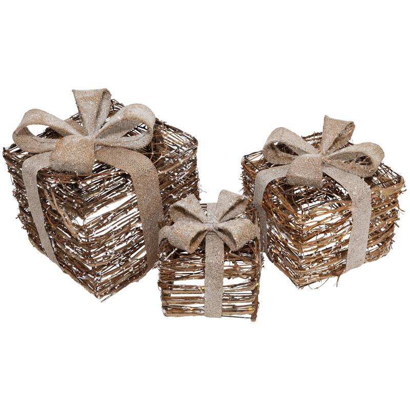 3 Lighted Rattan Gift Boxes Burlap Bows Table Top Christmas Decoration