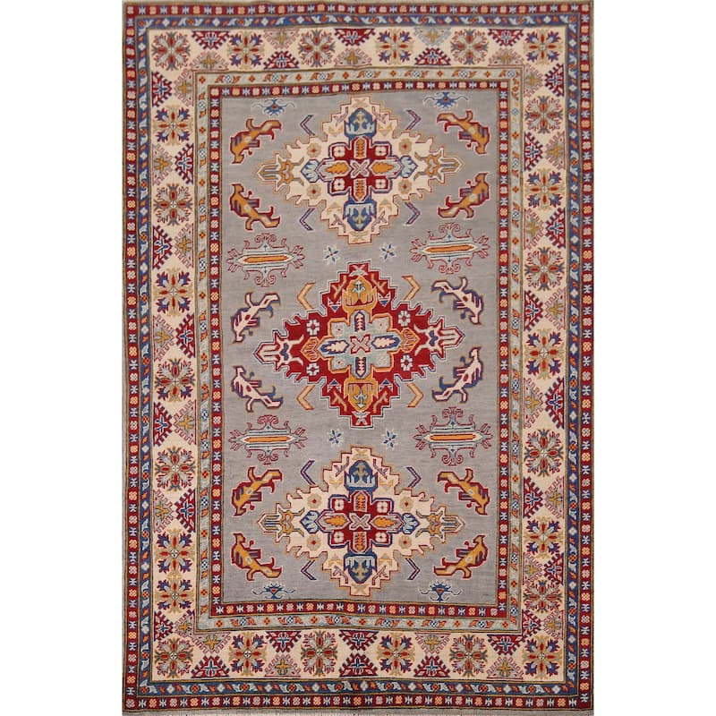 Geometric Kazak Rug Hand-Knotted Grey Traditional Wool Carpet - 5'10" x 8'4"