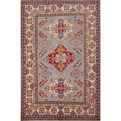 Geometric Kazak Rug Hand-Knotted Grey Traditional Wool Carpet - 5'10" x 8'4"