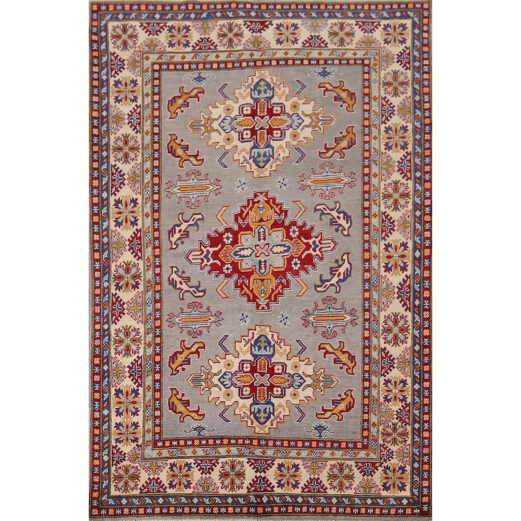 Geometric Kazak Rug Hand-Knotted Grey Traditional Wool Carpet - 5'10" x 8'4"