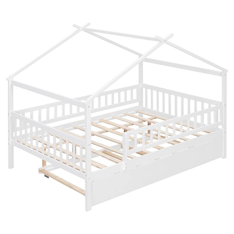 Montessori Bed House Bed with Trundle Bed and Headboard, Wood Daybed Platform Bed Frame No Box Spring Needed for Boys Girls