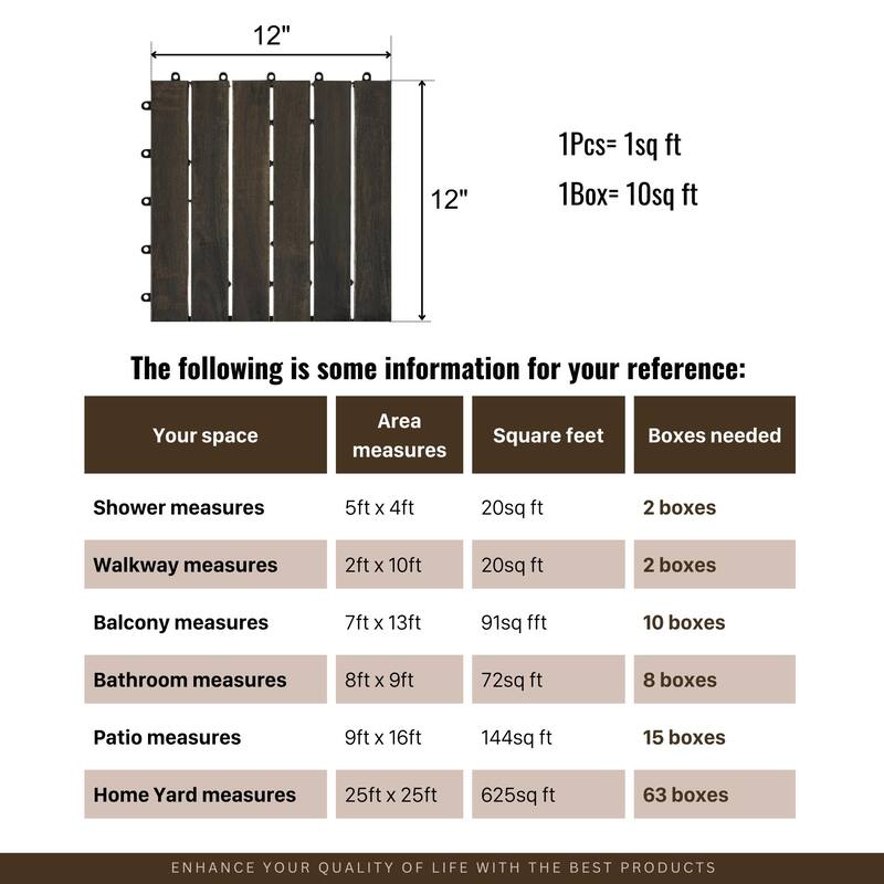 10 PCS Interlocking Deck Tiles Striped Pattern, 12" x 12" Dark Brown Square Acacia Hardwood Outdoor Flooring