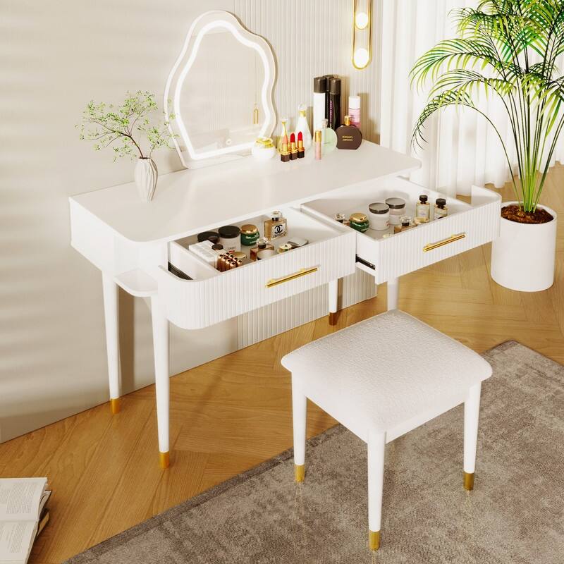 40" Vanity Set with Touch Screen Lighted Mirror, Makeup Dressing Table with 2 Drawers and Cushioned Stool - White