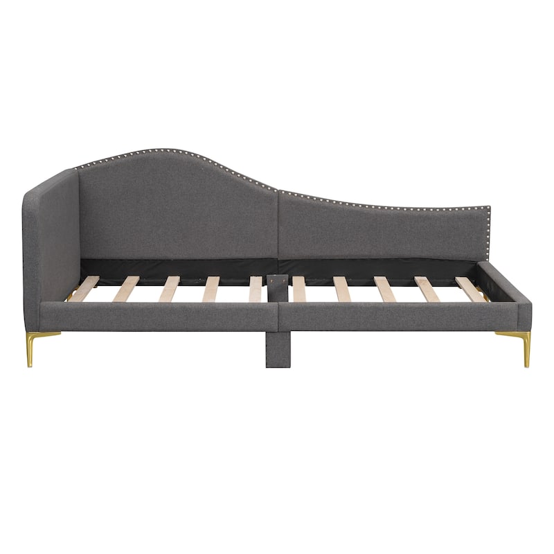 Linen Upholstered Daybed Frame with Metal Support Legs, Wave-Shaped Armrest and Nailhead Trim Backrest, Twin Size Platform Bed