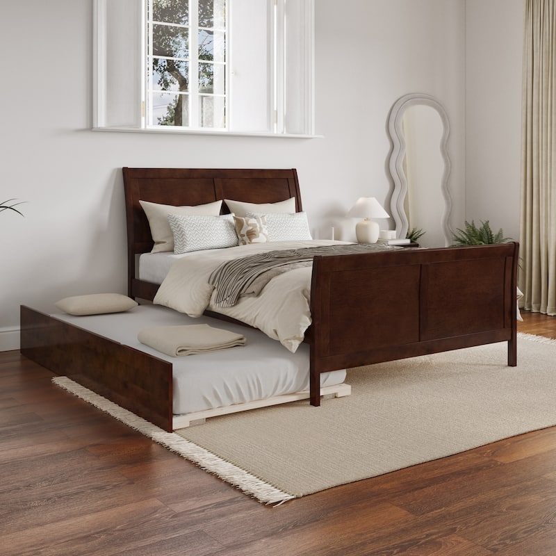Platform Bed with Trundle - Twin Size, Walnut Finish - Modern Bedroom Furniture Set with Footboard