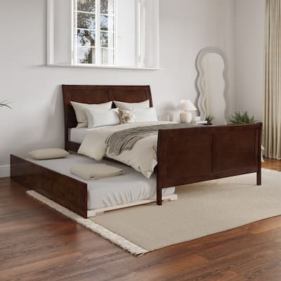 Platform Bed with Trundle - Twin Size, Walnut Finish - Modern Bedroom Furniture Set with Footboard