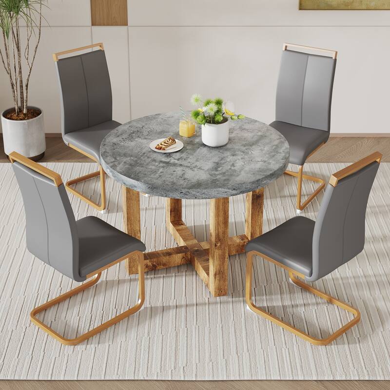 A modern and practical circular dining table. Made of MDF tabletop and wooden MDF table legs - Grey