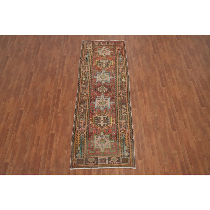 Hand Knotted Oriental 100% Wool Carpet Traditional Geometric Oranges & Rust Heriz Runner Rug - 10' 3'' X 3' 6''