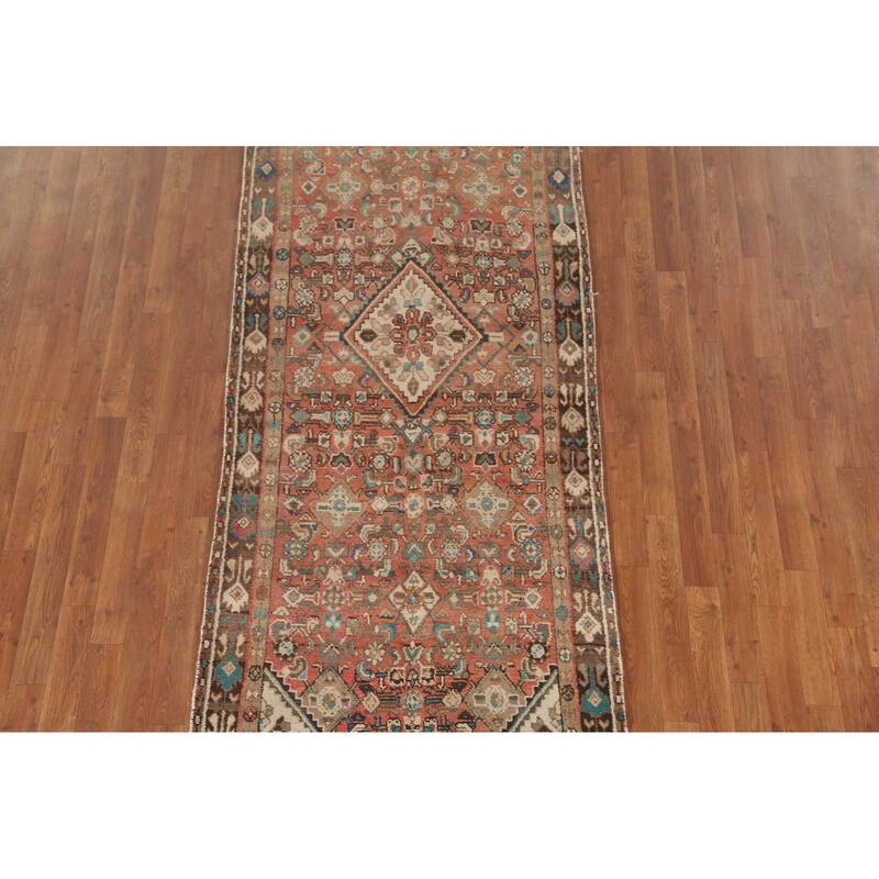 Hamedan Persian Vintage Runner Rug Handmade Geometric Wool Carpet - 3'5"x 9'9"
