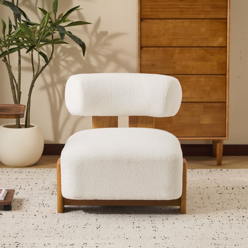 Lounge Chair with Solid Wood Frame and Rolled Backrest - Beige