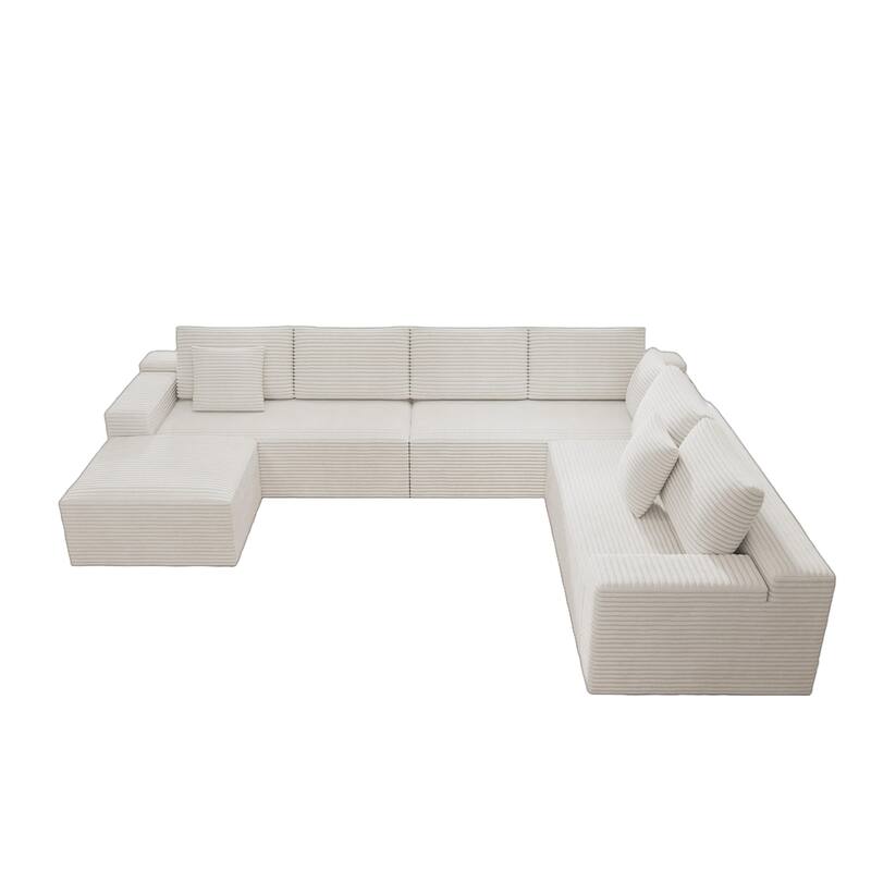 Roomfitters 137.8" Modular Sectional Sofa, 4-Piece Compressed Cloud Couch, No Assembly Required, Plush Corduroy, White