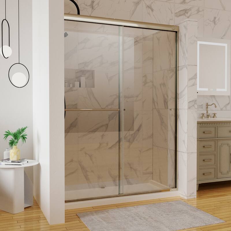 54'' x 72'' Glass Semi-Frameless Double Sliding Shower Tub Door in Matte Black/Brushed Nickel - Brushed Nickel