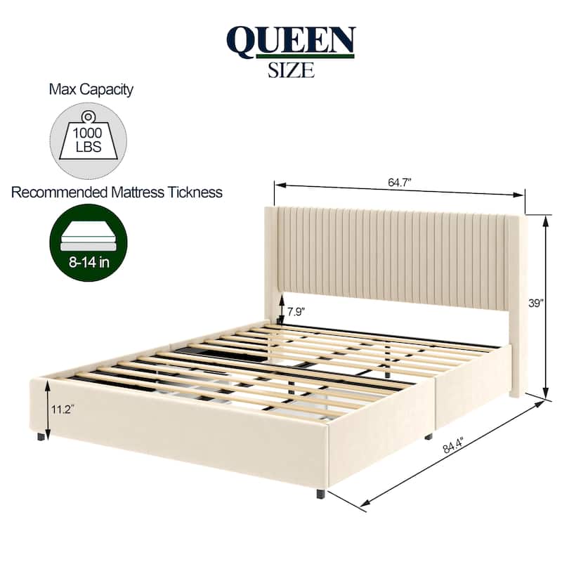 Queen Size Ivory Velvet Upholstered Wingback Platform Bed with Drawer
