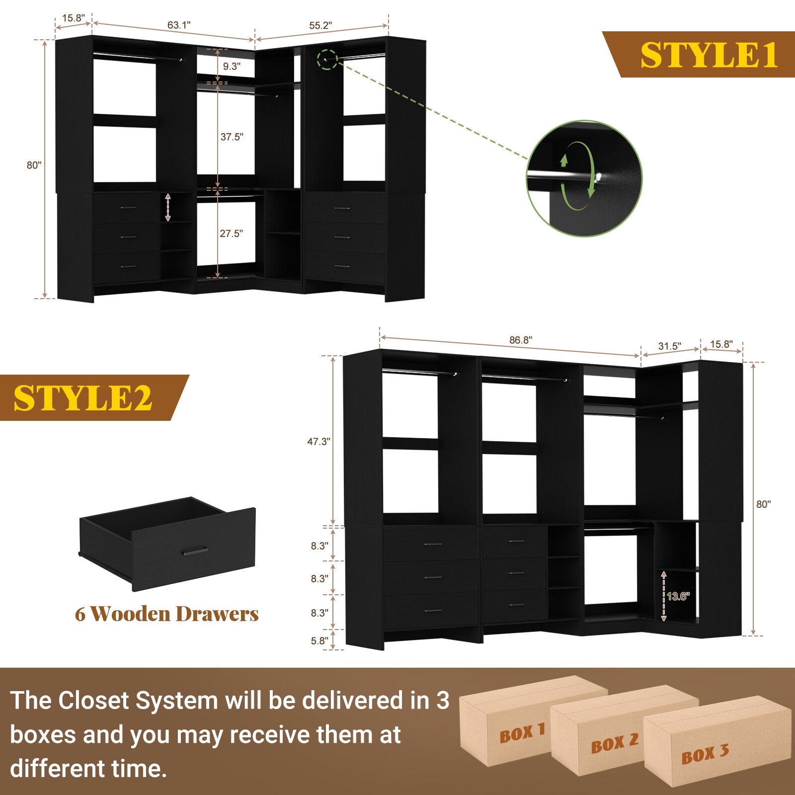 Cimly Set of 3 Freestanding Corner Closet System, Space-saving
