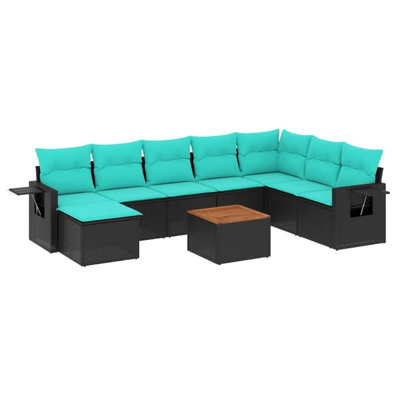 vidaXL 9 Piece Patio Sofa Set with Cushions Black Poly Rattan - 24.4" x 24.4" x 27.2"