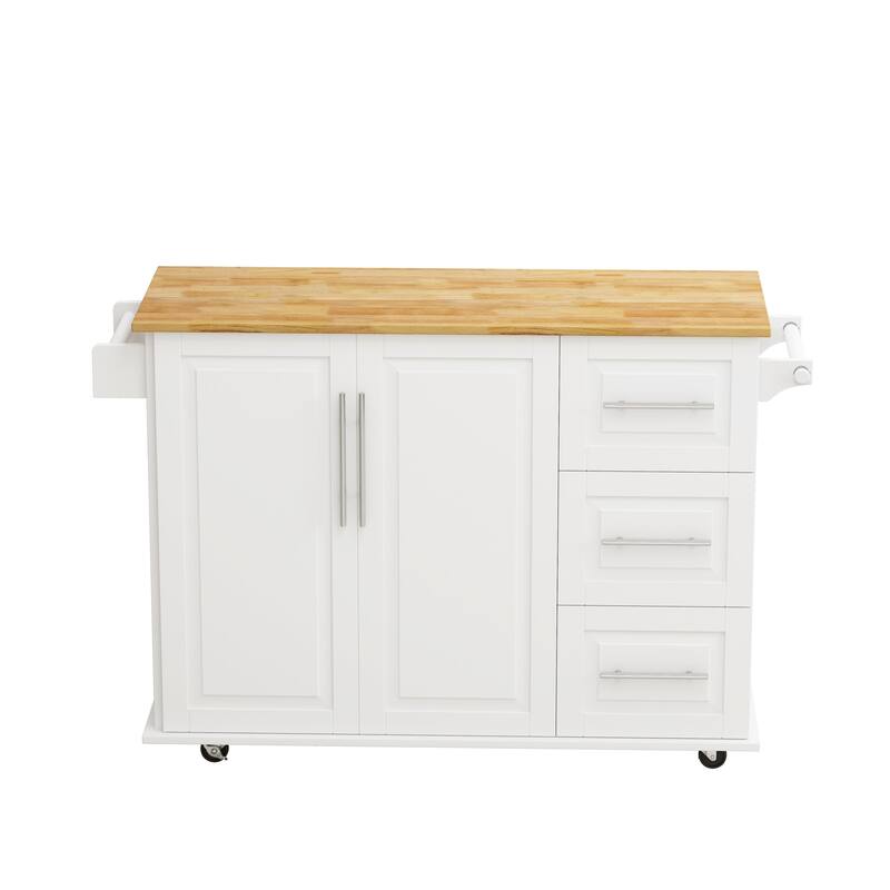 White Kitchen Island Cart with Expandable Solid Wood Table Top, 2 Cabinets, 3 Drawers, Spice & Towel Rack - 43.31"