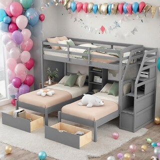 Twin Over Twin&Twin Triple Bunk Bed With Drawers,Staircase With Storage,Built-in Shelves