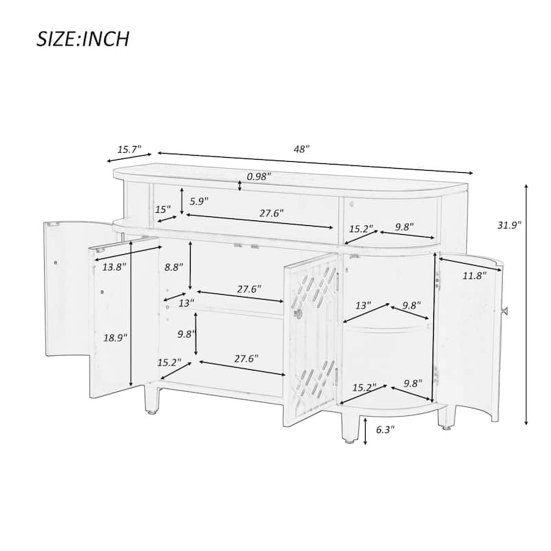 4 Door Curved Entryway Cabinets with Adjustable Shelves & fir Wood Legs, Display Case with Open Storage Rack & Metal Handle