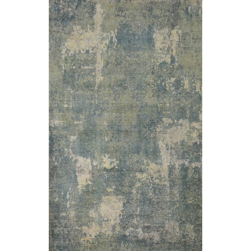 Hand Knotted Oriental Viscose Silk Carpet Modern All-Over Green Abstract Area Rug - 7' 9'' X 5' 4''