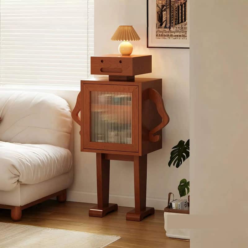 Solid Wood Robot End Table, Accent Wine Cabinet with 2 Drawers - Cherry Brown