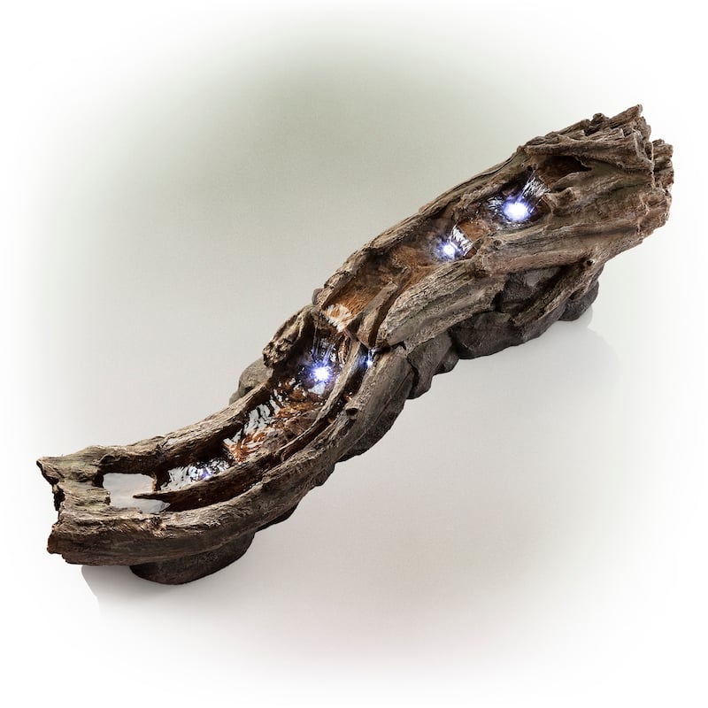 Alpine Corporation TZL242 80" Brown and Gray Indoor Outdoor Wood River Log Water Fountain with LED Lights