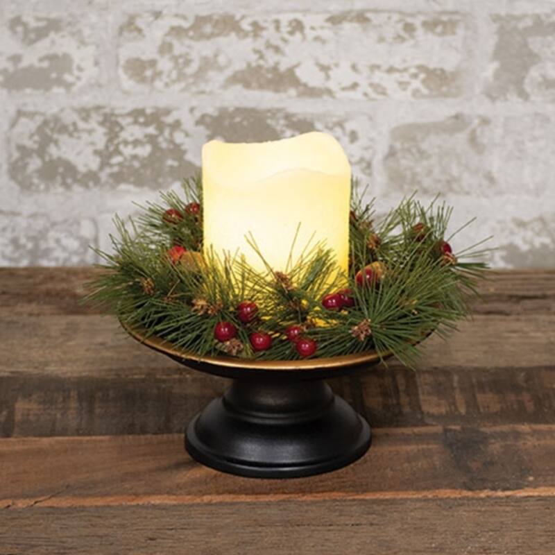 Christmas Pine and Red Berry Candle Ring with Jingle Bells 3.5 Inch