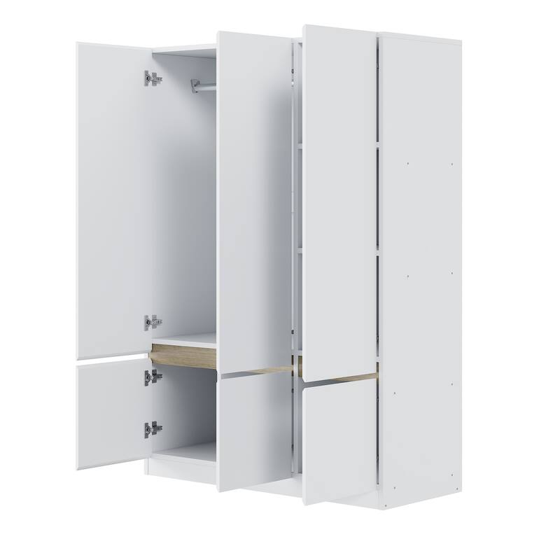 6-Doors Wooden Wardrobe Storage Armoire with Built-in Hanging Rail Clothes Storage Cabinet for Bedroom