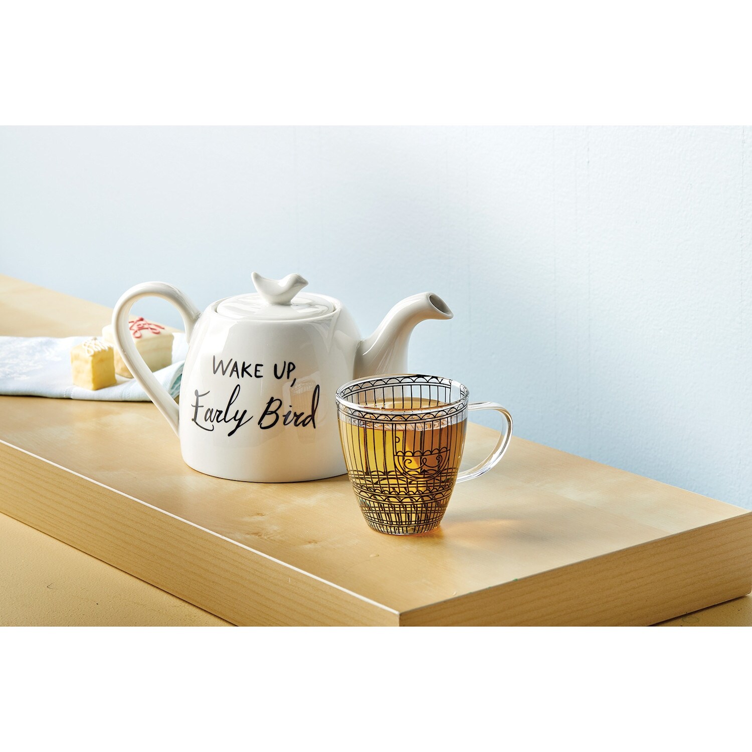 Shop Creative Co Op Wake Up Early Bird Tea Set Tea For One 2 Cup Ceramic Teapot Glass Mug White 7 Inch Overstock 31123489