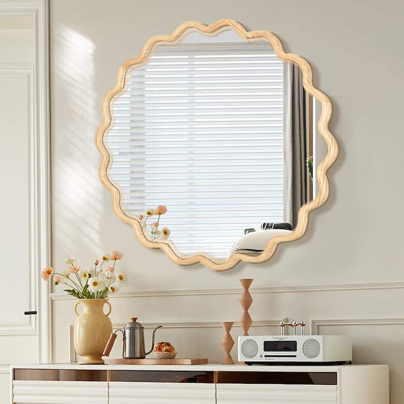 Mia Solid Wood Wavy Round Wall Mirror with HD Reflection and Artistic Frame Design by GDFStudio