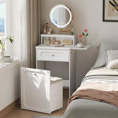 3 in 1 Vanity Desk with Mirror and Lights, Makeup Vanity Table with Drawers, Compact Nightstand with Chair