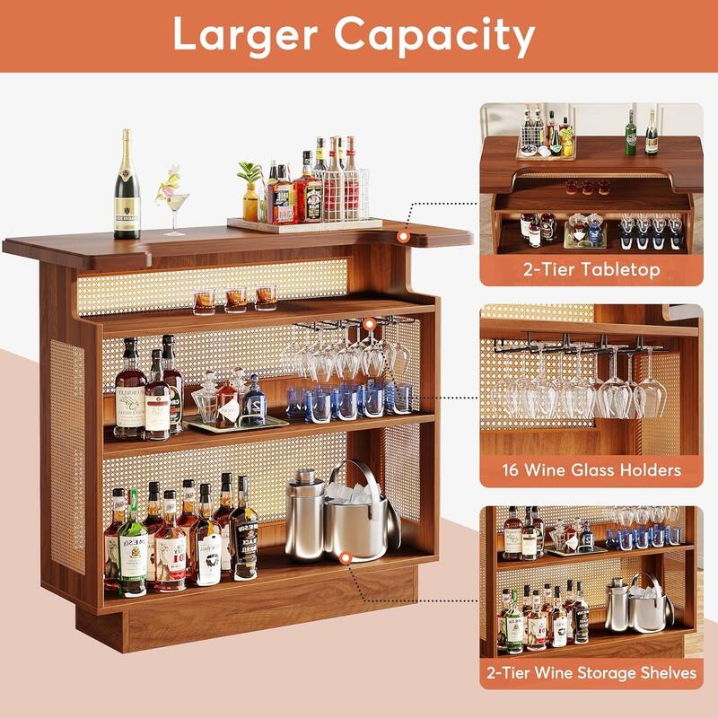 Farmhouse Bar Unit, 4-Tier Rattan Home Bar Table with Stemware Racks