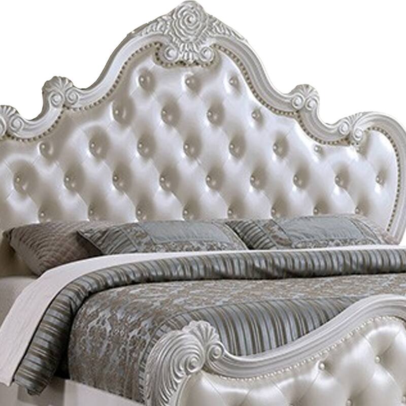 Venta King Size Bed, Pearl White Button Tufted Faux Leather Upholstery