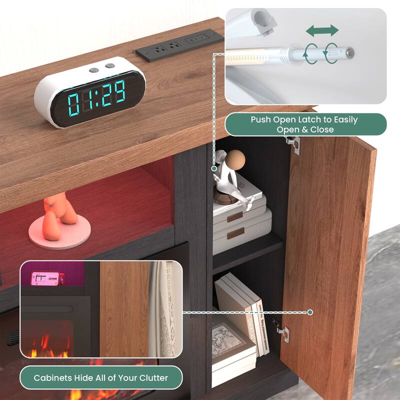 Traditional 70" TV Stand with 50" Electric Fireplace, Light Strips, Sockets, Open Shelves, and Cabinets for TVs up to 80"