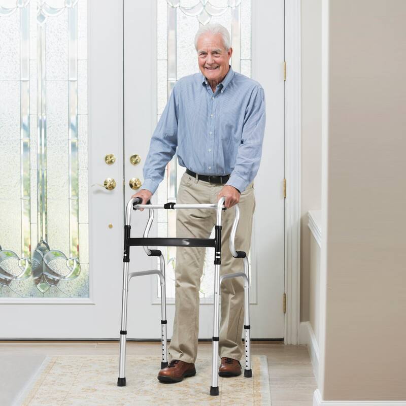 Costway One-button Folding Walker Aluminum Walking Frame w/ Adjustable - See Details