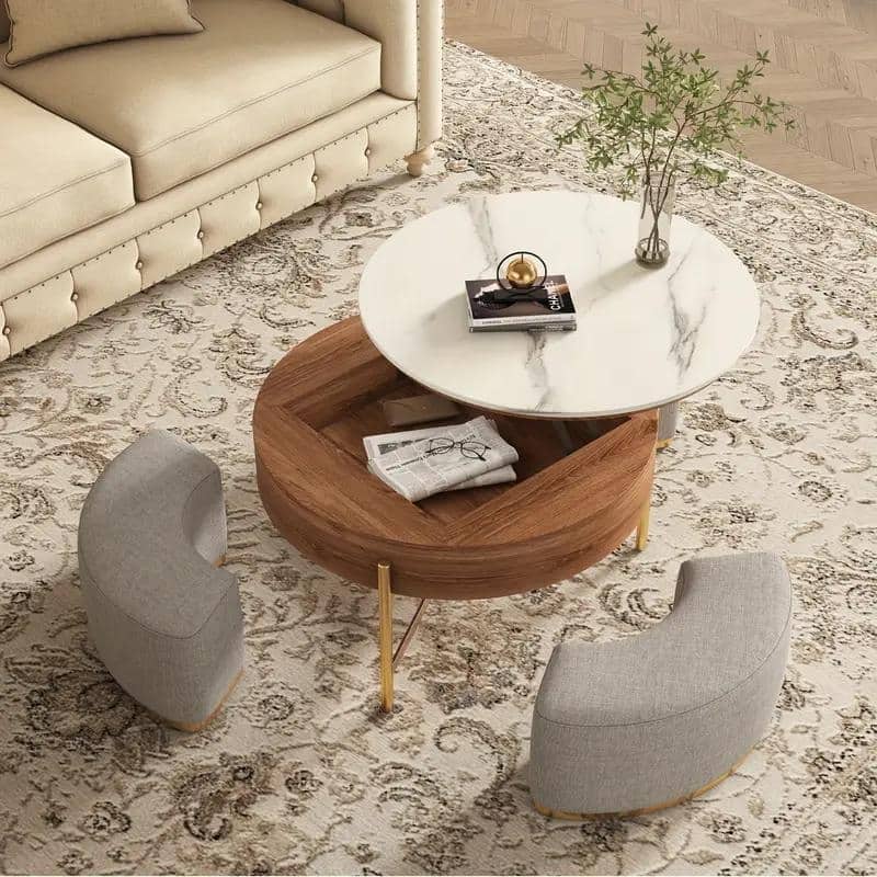 Modern Round Faux Marble Lift-Top Coffee Table Set with Stools and Storage - L 31.5'×W 31.5'×H 19.29'