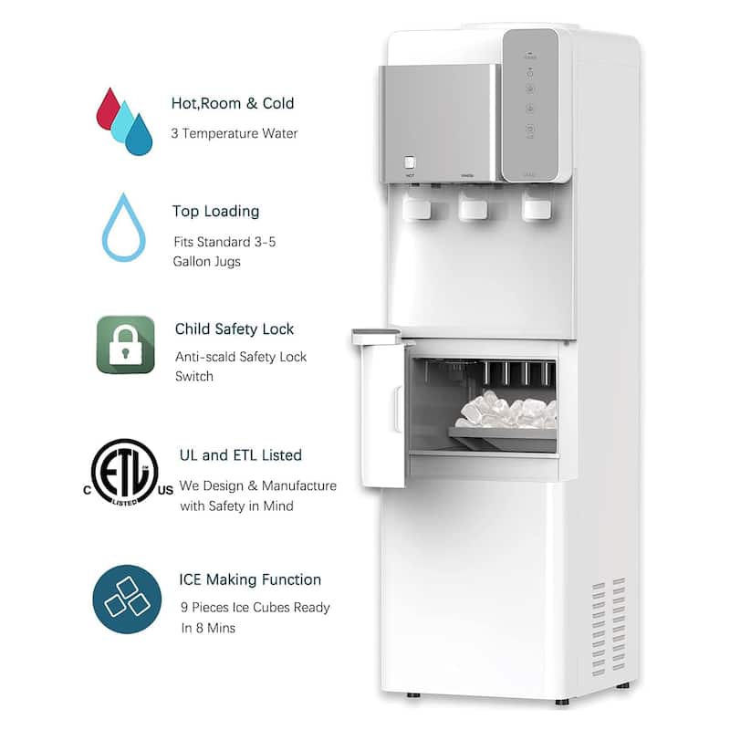 2-in-1 Top Loading White 27lbs/24h Water Dispenser Cooler with Built-in Ice Maker