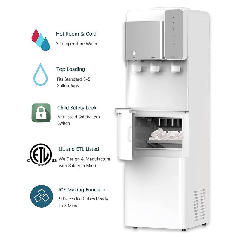 Modern White Hot and Cold Water Cooler Dispenser with Built-in Ice Maker